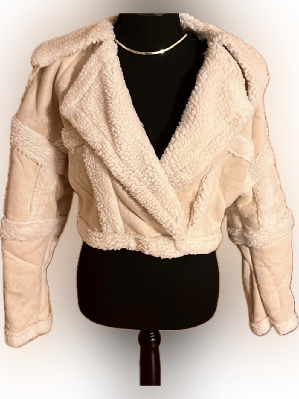 PrettyLittleThing Cream Faux Suede Sherpa Cropped Aviator Teddy Jacket 6P Coat